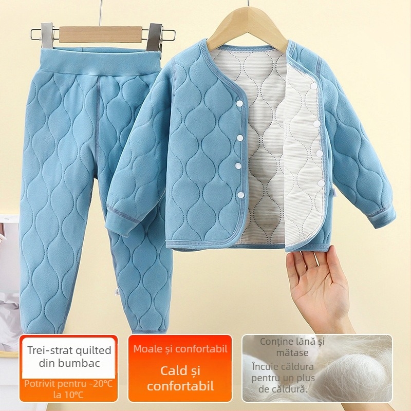 Costum de iarnă pentru copii din două piese: jachetă căptușită cu trei straturi quilted și pantaloni, culoare solidă, material poliester moale, gros, pentru vârsta 8+, toamnă–primăvară