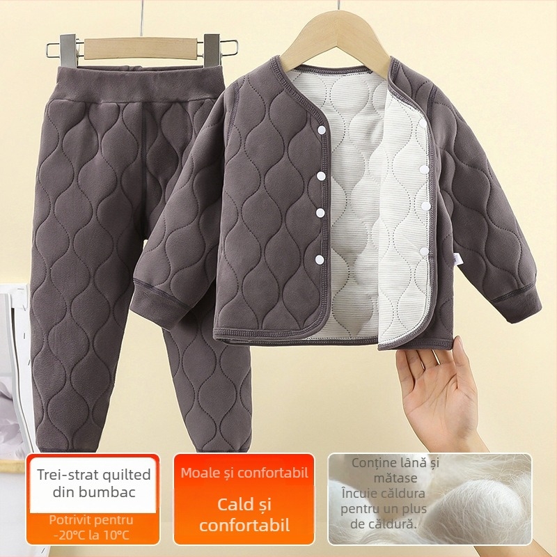 Costum de iarnă pentru copii din două piese: jachetă căptușită cu trei straturi quilted și pantaloni, culoare solidă, material poliester moale, gros, pentru vârsta 8+, toamnă–primăvară