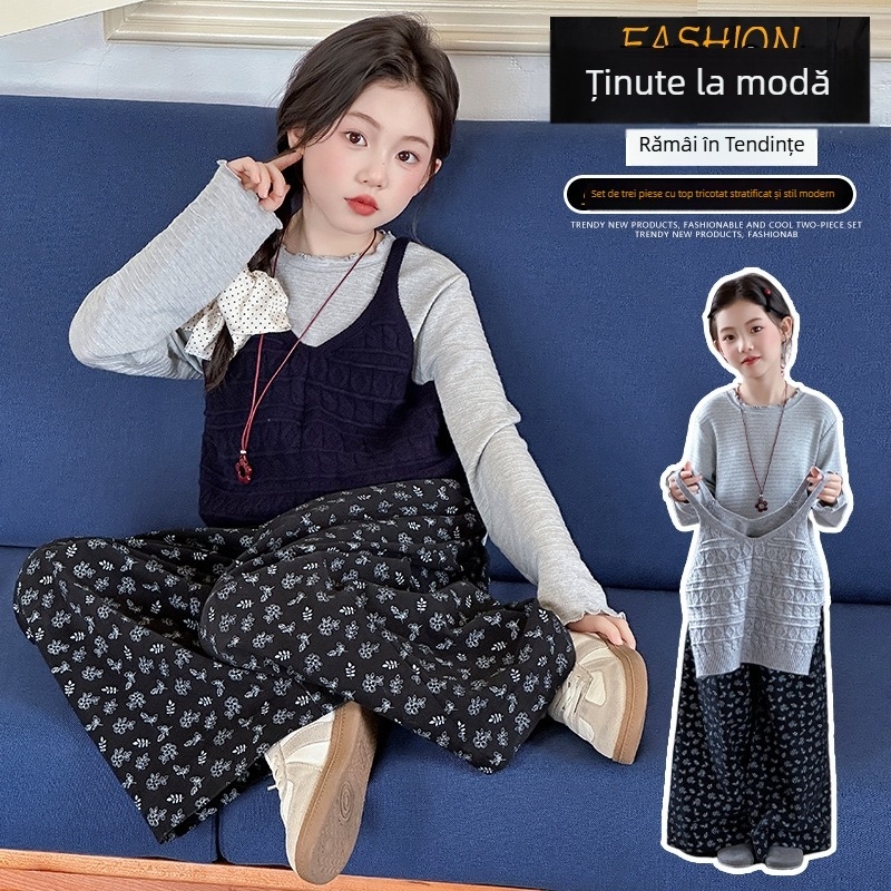 Set trei piese pentru fete, Stil coreean, Tricot acrilic, Mâneci lungi, Pulover, Model: solid/ desen animat/ avatar, Toamnă 2025