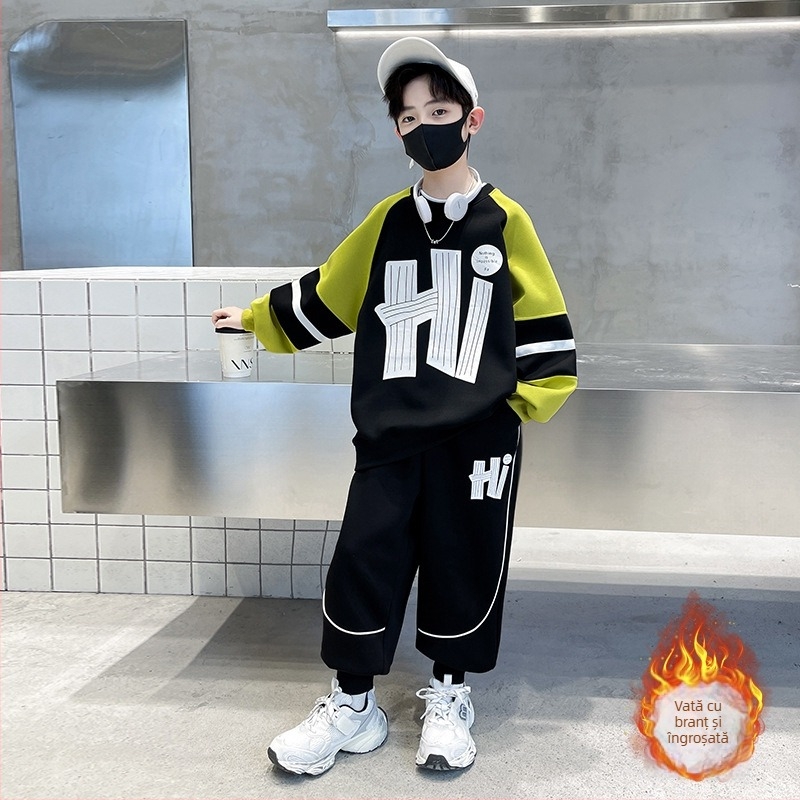 Set două piese pentru băieți, toamnă, stil coreean, din bumbac 65%, top cu mâneci lungi și pantaloni, pentru copii peste 8 ani