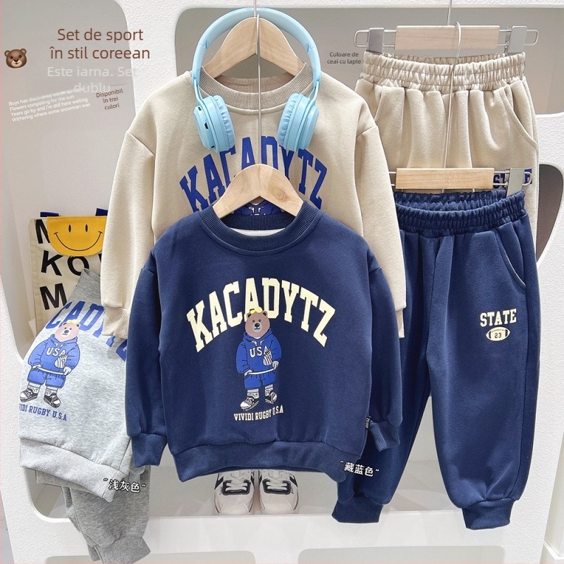 Costum pentru copii din două piese, cu model animal desenat, mâneci lungi, top pulover, 95% bumbac