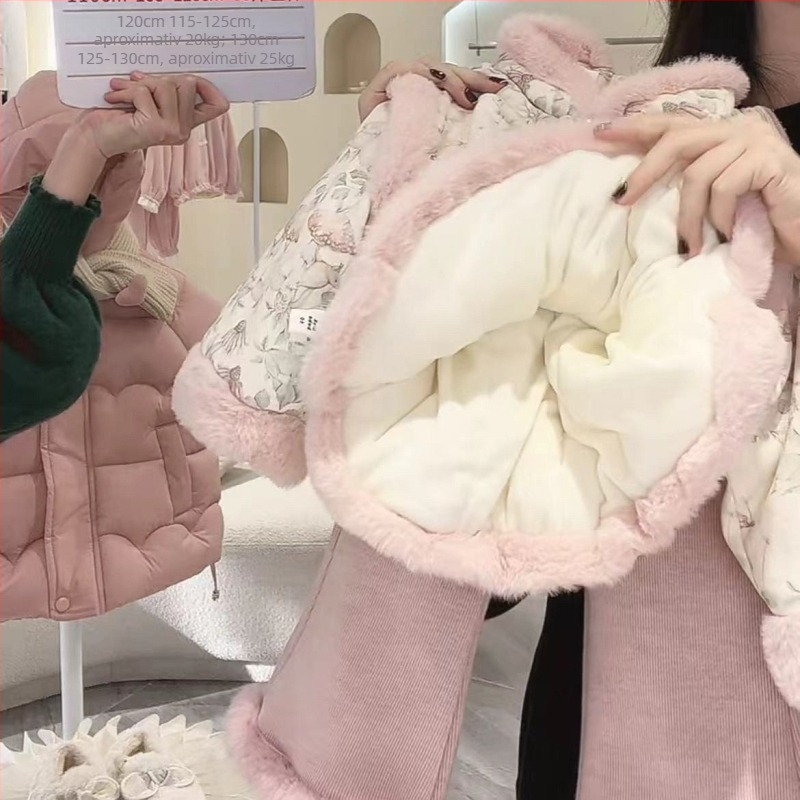 Set de iarnă pentru fetițe, două piese, stil coreean, căptușit cu fleece, satin poliester 95%, imprimeu desene animate