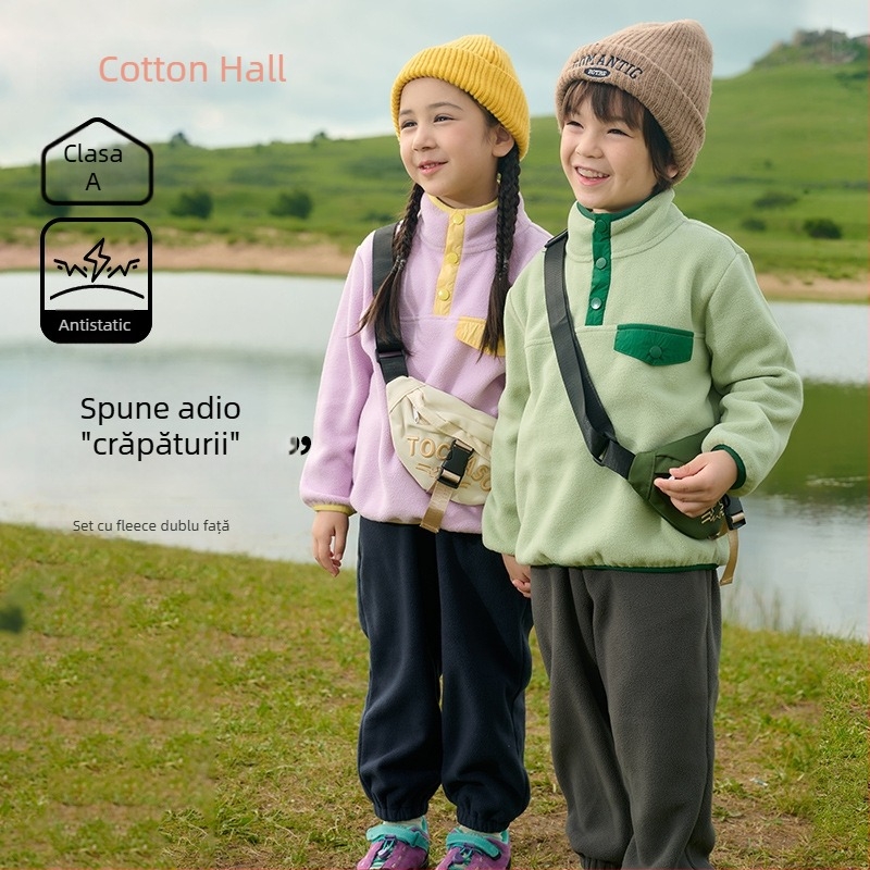 Set pentru copii din două piese, fleece tricotat – anti-static, mâneci lungi, fără glugă, imprimeu cu desene animate, unisex