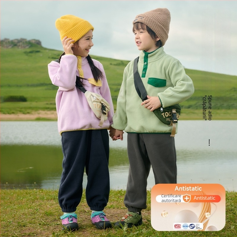 Set pentru copii din două piese, fleece tricotat – anti-static, mâneci lungi, fără glugă, imprimeu cu desene animate, unisex