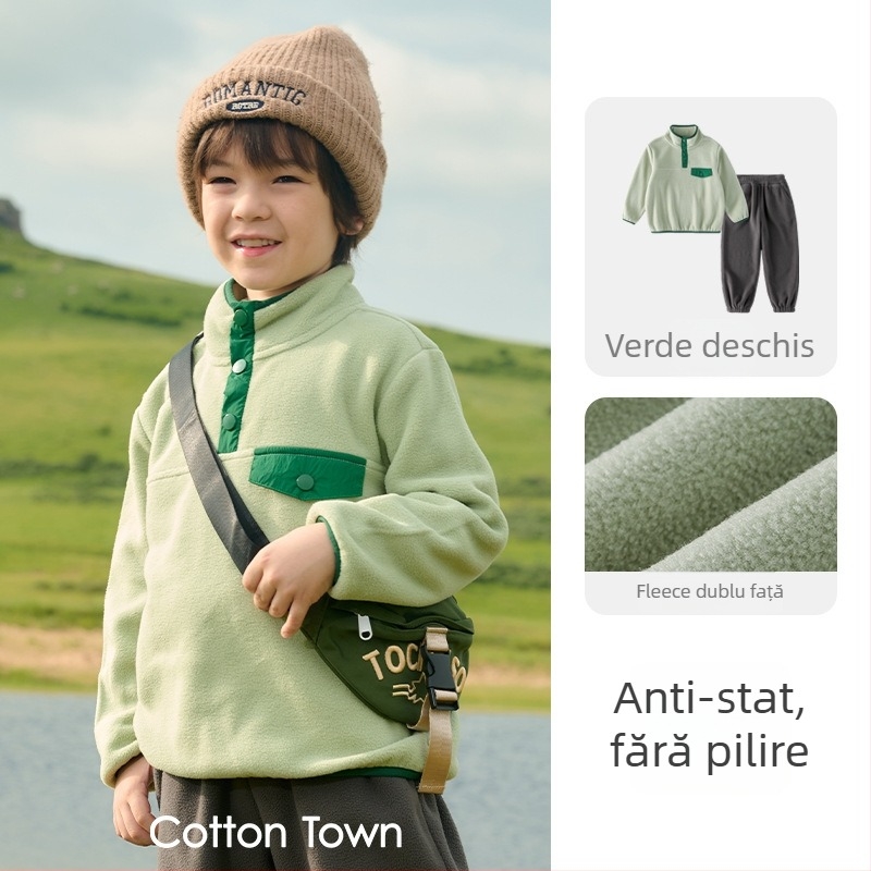 Set pentru copii din două piese, fleece tricotat – anti-static, mâneci lungi, fără glugă, imprimeu cu desene animate, unisex