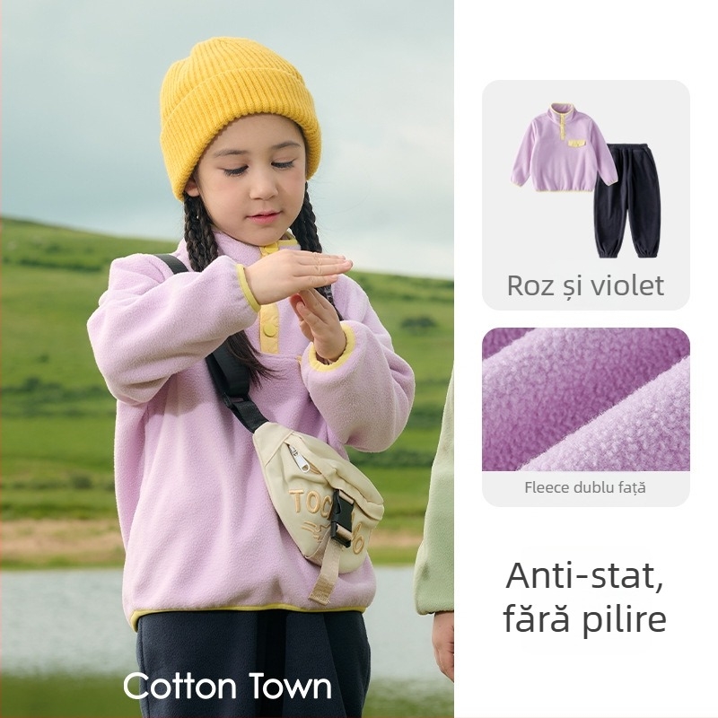 Set pentru copii din două piese, fleece tricotat – anti-static, mâneci lungi, fără glugă, imprimeu cu desene animate, unisex