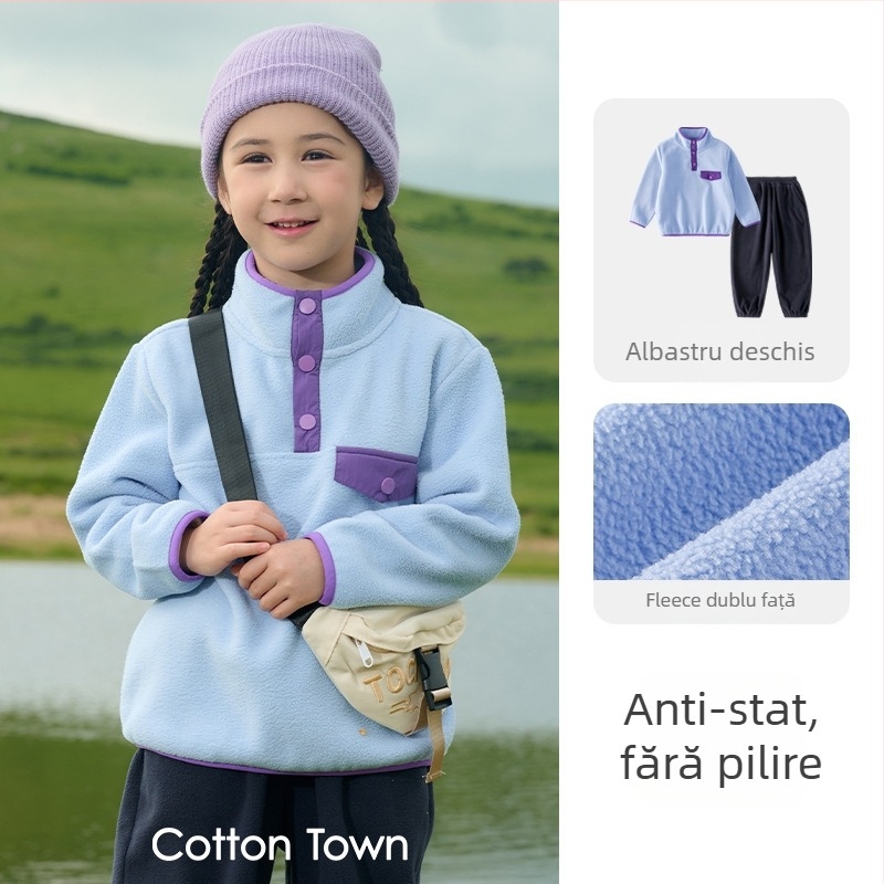Set pentru copii din două piese, fleece tricotat – anti-static, mâneci lungi, fără glugă, imprimeu cu desene animate, unisex