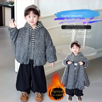 Set de iarnă pentru băieți, trei piese, cu hanorac cu fermoar, căptușit cu fleece, pantaloni lungi, material 100% poliester