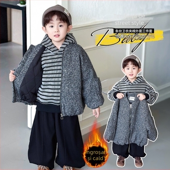 Set de iarnă pentru băieți, trei piese, cu hanorac cu fermoar, căptușit cu fleece, pantaloni lungi, material 100% poliester