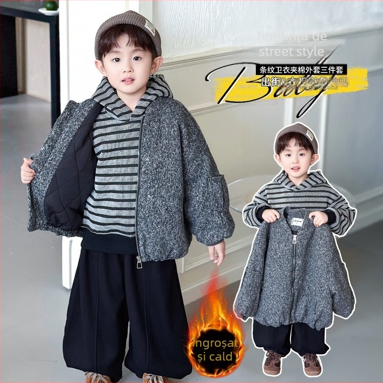 Set de iarnă pentru băieți, trei piese, cu hanorac cu fermoar, căptușit cu fleece, pantaloni lungi, material 100% poliester