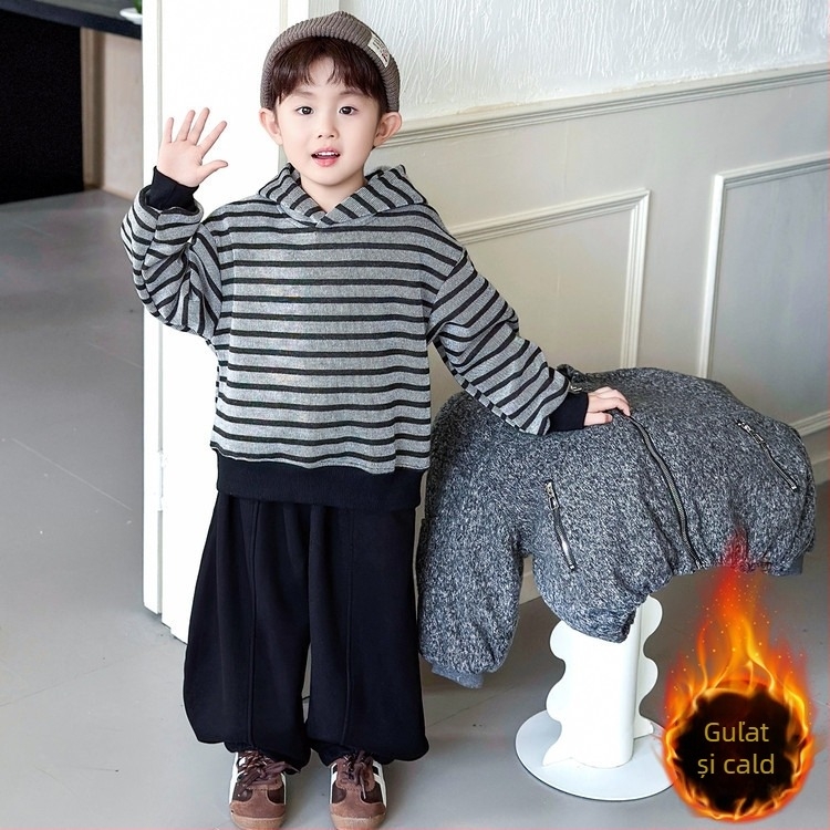 Set de iarnă pentru băieți, trei piese, cu hanorac cu fermoar, căptușit cu fleece, pantaloni lungi, material 100% poliester