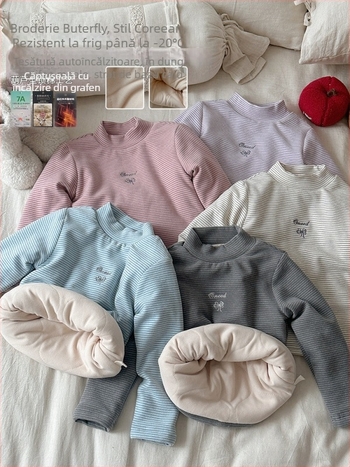 Top pentru fete cu căptușeală fleece, guler rotund, mâneci lungi, stil coreean, sezon de iarnă