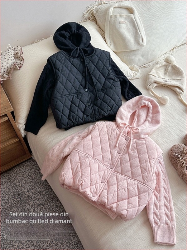 Set pentru fetițe: pulover cu glugă și vestă, iarna 2025, stil coreean, format din două piese