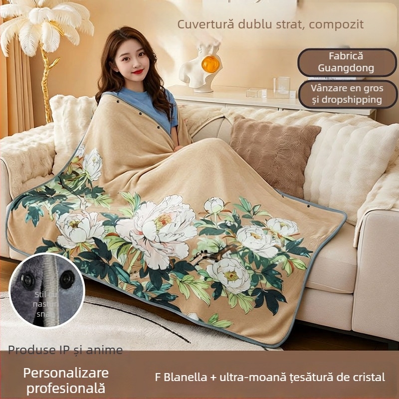 Pătură din catifea cristalino din flanel - pătură pentru umăr cu două straturi, model floral, patru anotimpuri, greutate 500–800 g, prelucrare la comandă disponibilă