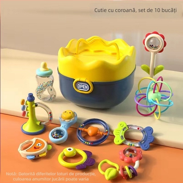 Set de jucării pentru bebeluși: zornăitor, jucărie de dentiție și cutie de depozitare; Brand GOODWAY/Ganyu; Vârstă: 0–3 ani; Material plastic; Certificare 3C 2021012202403026; Categoria 3C: jucării din plastic până la 14 ani