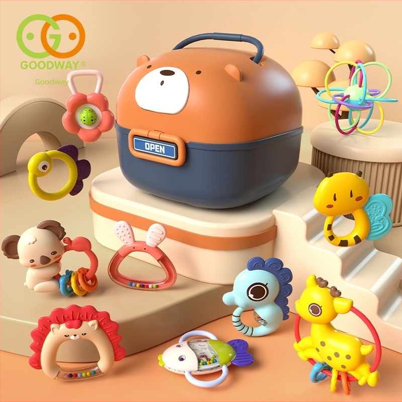 Set de jucării pentru bebeluși: zornăitor, jucărie de dentiție și cutie de depozitare; Brand GOODWAY/Ganyu; Vârstă: 0–3 ani; Material plastic; Certificare 3C 2021012202403026; Categoria 3C: jucării din plastic până la 14 ani