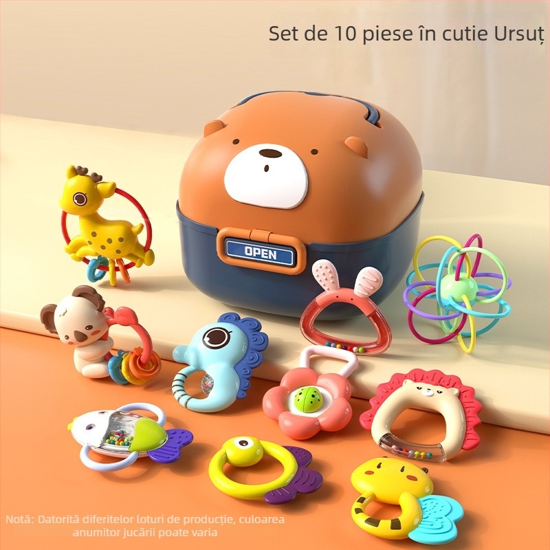 Set de jucării pentru bebeluși: zornăitor, jucărie de dentiție și cutie de depozitare; Brand GOODWAY/Ganyu; Vârstă: 0–3 ani; Material plastic; Certificare 3C 2021012202403026; Categoria 3C: jucării din plastic până la 14 ani