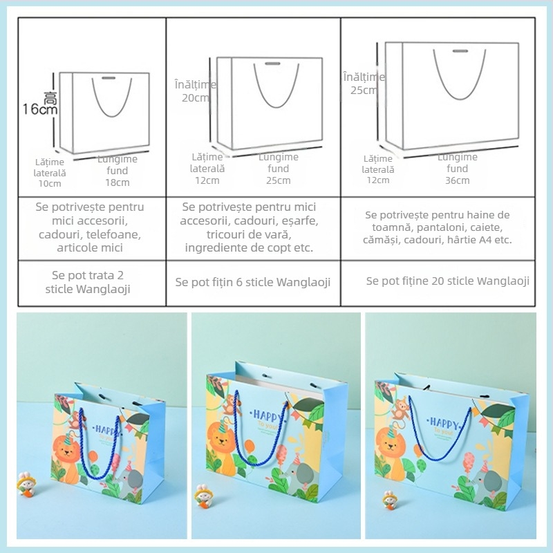 Geantă de cadouri cartoon pentru zilele de naștere și Ziua Copilului, imprimare offset pe carton 250 g, personalizabil cu logo, marca Lei Lei