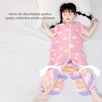 Sac de dormit pentru copii, patru anotimpuri, din bumbac 100% gază, cu picioare separate, umplutură cașmir și puf