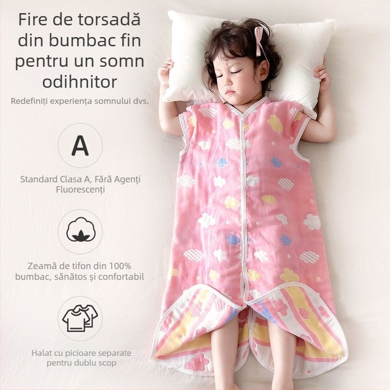 Sac de dormit pentru copii, patru anotimpuri, din bumbac 100% gază, cu picioare separate, umplutură cașmir și puf