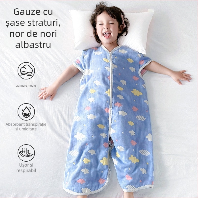 Sac de dormit pentru copii, patru anotimpuri, din bumbac 100% gază, cu picioare separate, umplutură cașmir și puf