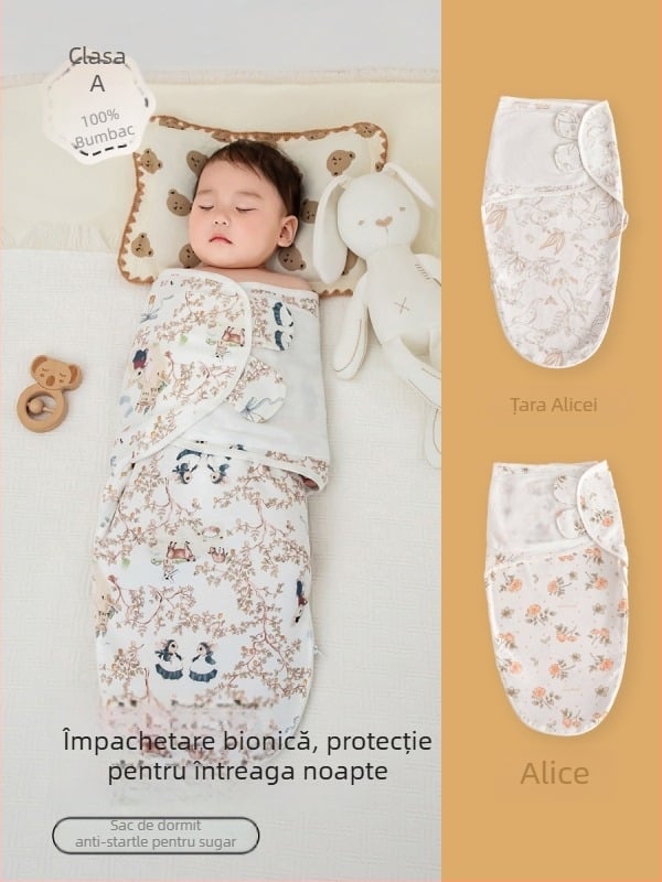 Sac de dormit anti sărituri pentru bebeluși - model cartoon, exterior din amestec de bumbac, căptușală și umplutură 100% bumbac, tip cocoon