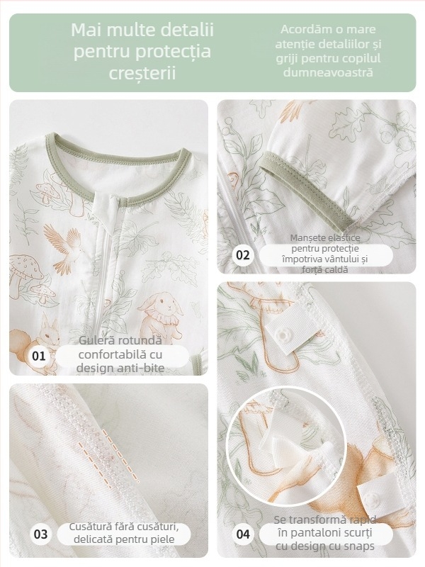 Sac de dormit pentru copii – fibre de bambus, umplutură sintetică, mâneci detașabile, potrivit pentru vară, primăvară și toamnă, imprimeu desen animat