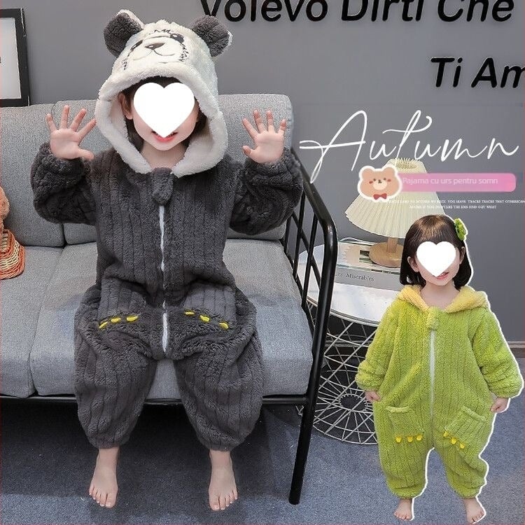 Pijamă unică pentru copii, stil desen animat, material corduroy cu blană de iepure 81–90%, pentru nou-născuți, iarnă