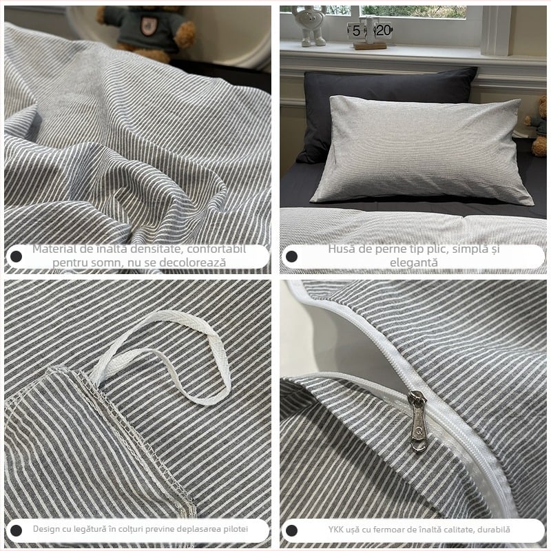 Set de lenjerie de pat din bumbac spălat, patru piese, modele în dungi și carouri, vopsire reactiva