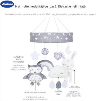 Jucărie pluș pentru pătuț – animal drăguț, agățat, muzical și rotativ, pentru sugari 0–3 ani (Pluș; Sunet muzical; Rotire; Potrivit pentru 0–3 ani)