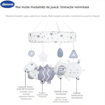 Jucărie pluș pentru pătuț – animal drăguț, agățat, muzical și rotativ, pentru sugari 0–3 ani (Pluș; Sunet muzical; Rotire; Potrivit pentru 0–3 ani)