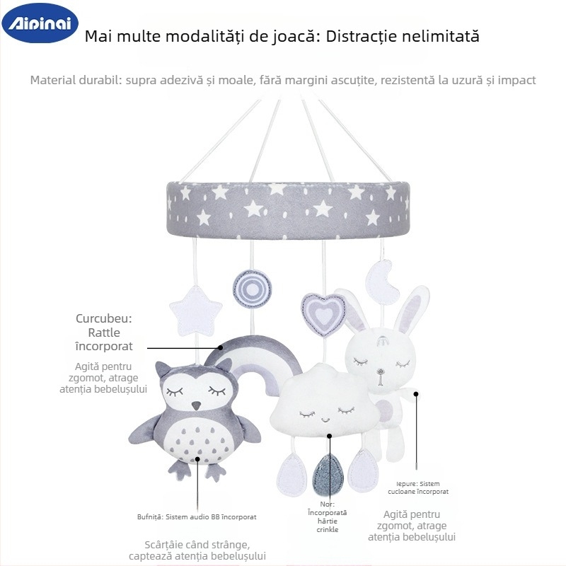 Jucărie pluș pentru pătuț – animal drăguț, agățat, muzical și rotativ, pentru sugari 0–3 ani (Pluș; Sunet muzical; Rotire; Potrivit pentru 0–3 ani)
