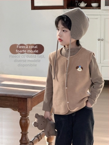 Vestă pentru copii – Cardigan în stil coreean, model cap de personaj desen animat, polar fleece gros cu căptușală poliester, pentru 3–8 ani, toamnă iarnă, fără glugă, închidere cu un singur rând de nasturi