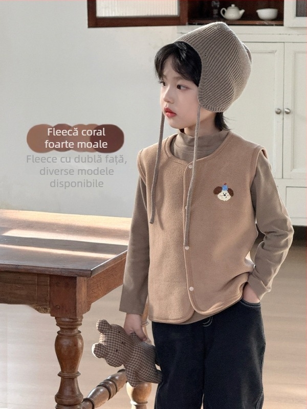 Vestă pentru copii – Cardigan în stil coreean, model cap de personaj desen animat, polar fleece gros cu căptușală poliester, pentru 3–8 ani, toamnă iarnă, fără glugă, închidere cu un singur rând de nasturi