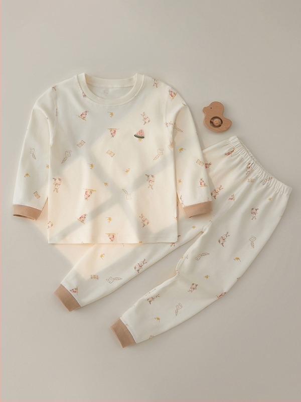 Set de lenjerie pentru copii, 100% bumbac, nou-născuți 0–12 luni, guler rotund, sex neutru, model animale/animație, menține căldura, pentru primăvară și toamnă