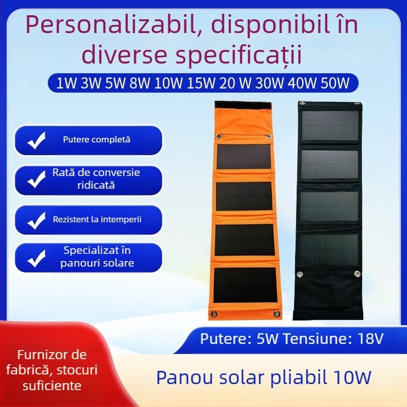 Panou solar pliabil de 10W, cu configurație în patru secțiuni, sursă de alimentare pentru camping, încărcare USB