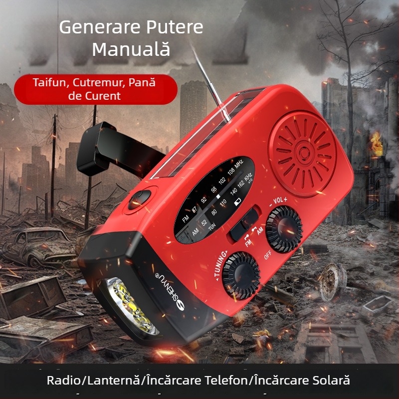 Radio de urgență solar cu dinamó manual și LED pentru camping — Încărcare solară + generare manuală, Model V211