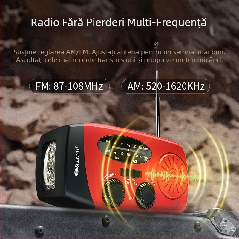 Radio de urgență solar cu dinamó manual și LED pentru camping — Încărcare solară + generare manuală, Model V211