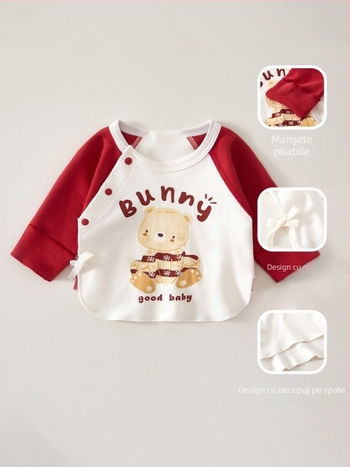 Top din bumbac pentru nou-născuți, mâneci lungi, guler rotund, 100% bumbac, țesătură moale