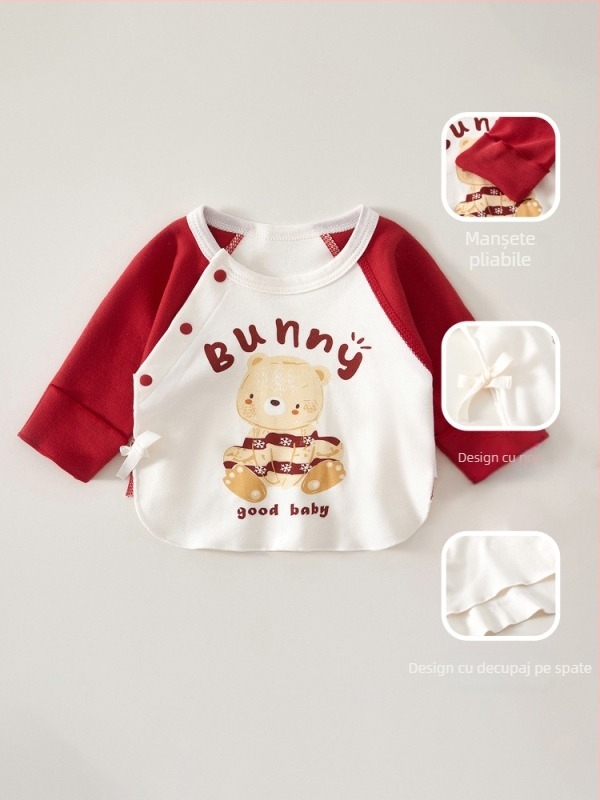 Top din bumbac pentru nou-născuți, mâneci lungi, guler rotund, 100% bumbac, țesătură moale