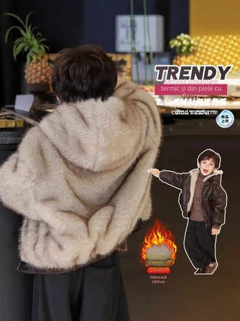 Jachetă pentru copii din PU piele, reversibilă, cu glugă, căptușită cu fleece și închidere cu fermoar