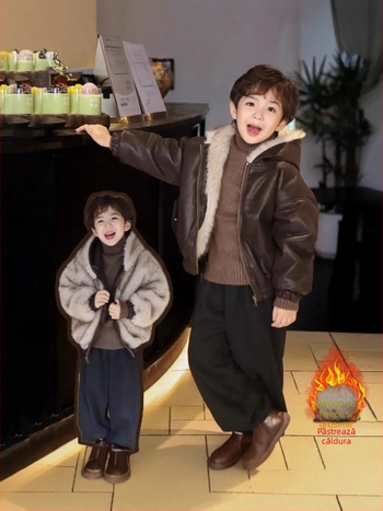 Jachetă pentru copii din PU piele, reversibilă, cu glugă, căptușită cu fleece și închidere cu fermoar