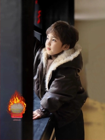 Jachetă pentru copii din PU piele, reversibilă, cu glugă, căptușită cu fleece și închidere cu fermoar