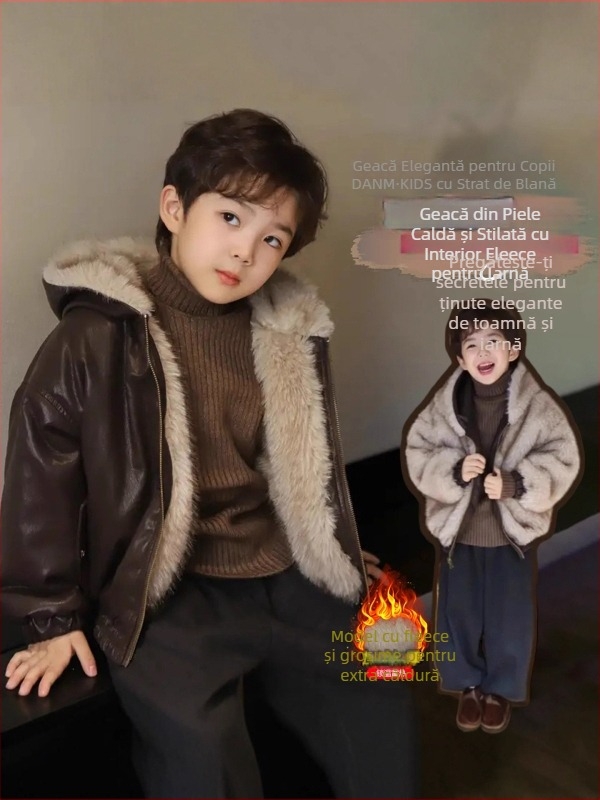 Jachetă pentru copii din PU piele, reversibilă, cu glugă, căptușită cu fleece și închidere cu fermoar