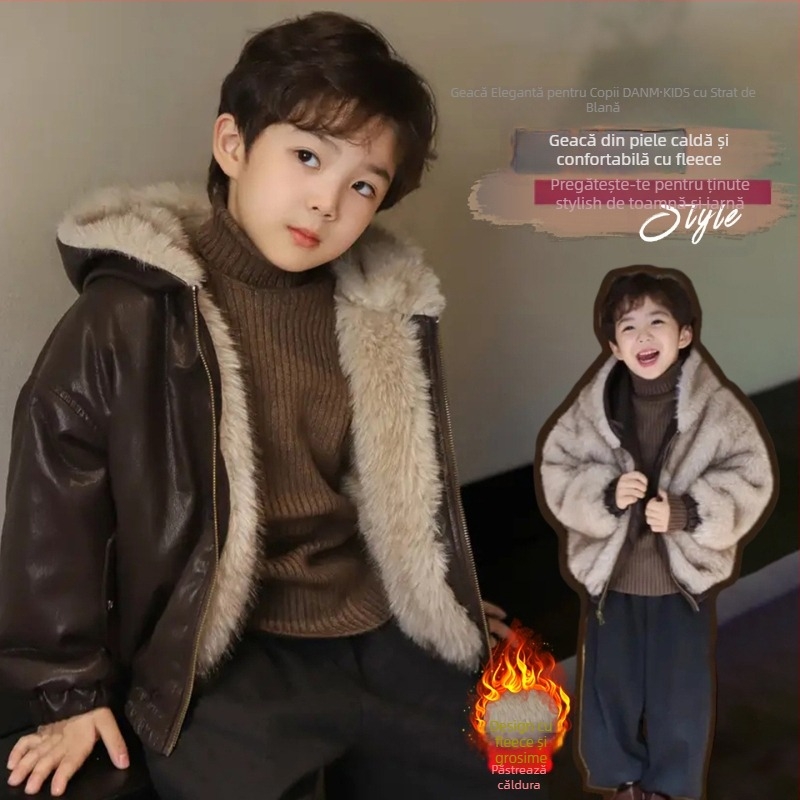 Jachetă pentru copii din PU piele, reversibilă, cu glugă, căptușită cu fleece și închidere cu fermoar