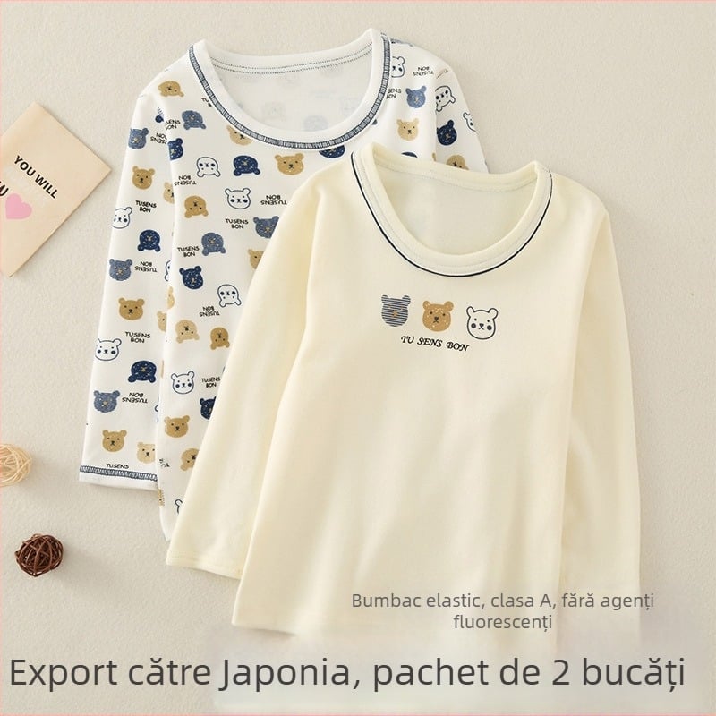 Top cu mâneci lungi pentru băieți, design ursuleț desen animat, 95% bumbac, gât rotund, pentru vârsta 3–8 ani (100–140 cm)