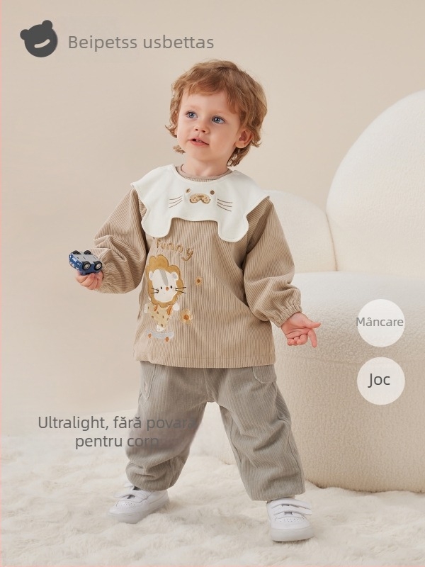 Smoc impermeabil pentru copii din corduroy cu bib, model desen animat, 100% poliester, vârsta 0–1 ani, toamna 2025