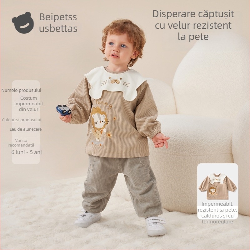 Smoc impermeabil pentru copii din corduroy cu bib, model desen animat, 100% poliester, vârsta 0–1 ani, toamna 2025