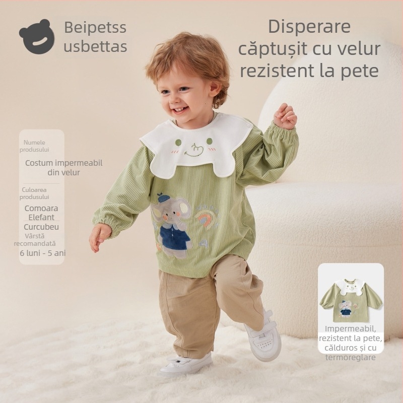 Smoc impermeabil pentru copii din corduroy cu bib, model desen animat, 100% poliester, vârsta 0–1 ani, toamna 2025