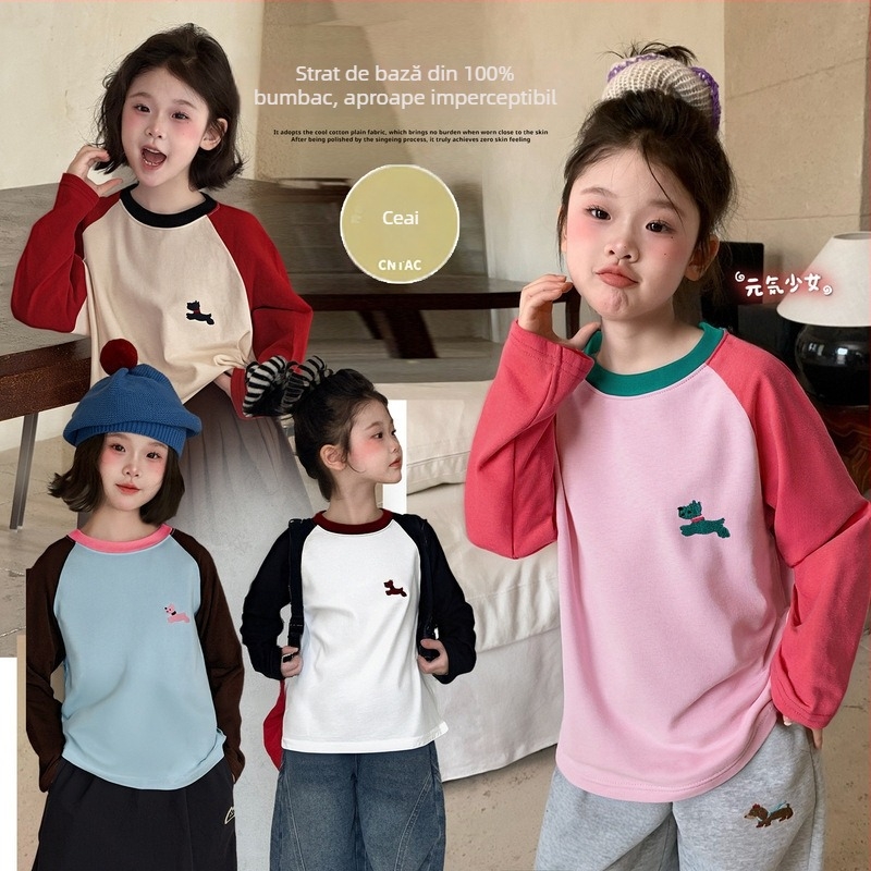 Tricou pentru fete, stil coreean, 100% bumbac, mâneci lungi, guler rotund, primăvară/toamnă